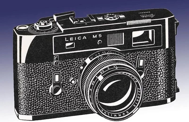 High-contrast line illustration of a Leica M5 rangefinder with a Summilux lens