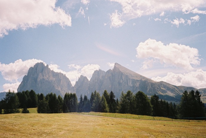 Mown meadow and conifer treeline beneath the twin rock massifs of the Dolomites under fair-weather clouds