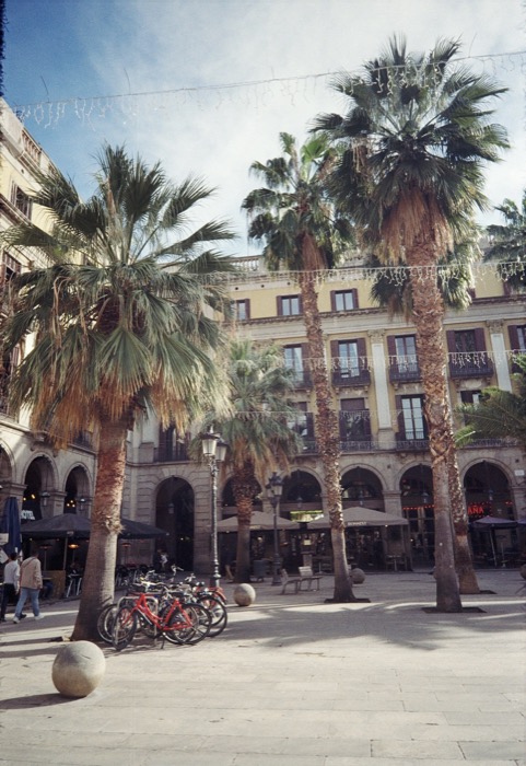 Palm trees and festoon lights in an arcaded city square, red bicycles parked beneath a yellow facade