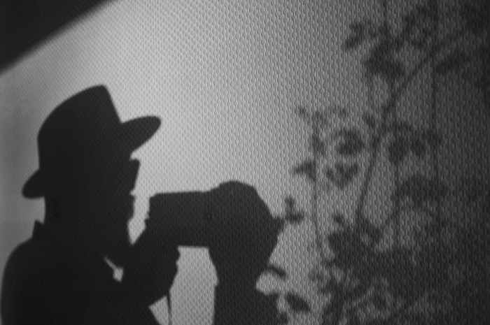 Shadow of a person in a wide-brimmed hat raising a camera, cast on a textured wall beside leaf shadows