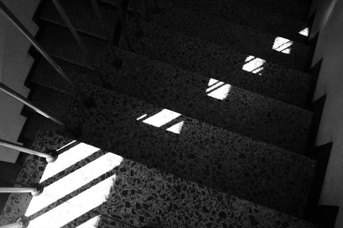 Looking down a dark terrazzo stairwell, bright window shapes falling in a diagonal across the steps
