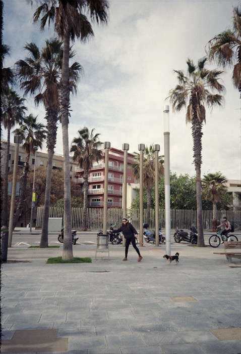 Man striding across a wide paved plaza with a small dog at his heels, palm trees and parked scooters behind